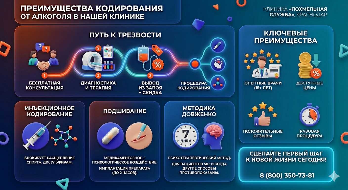 Инфографика о методах кодирования от алкоголя в Артёмовском: инъекции, подшивание, метод Довженко. Преимущества клиники и этапы лечения.