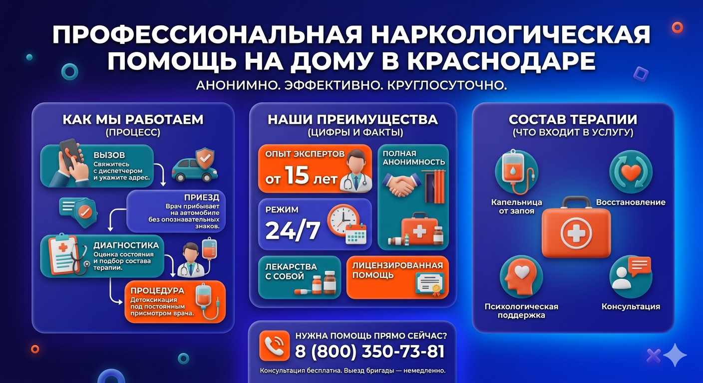 Инфографика о принципах лечения алкоголизма на дому в Артёмовском: этапы вызова нарколога, преимущества анонимной детоксикации и состав медицинской помощи.
